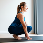 A professional woman in modest athletic wear performs a gentle, controlled squat exercise in a brightly lit, modern home gym. She maintains perfect posture with a straight back, her knees at a 90-degree angle, demonstrating core strength and balance. The background is clean and uncluttered, implying a dedicated wellness space. Fully clothed, appropriate attire, safe for work, perfect anatomy, correct proportions, natural pose, well-formed hands, proper finger count, natural body proportions, professional, family-friendly, high-quality, appropriate content.