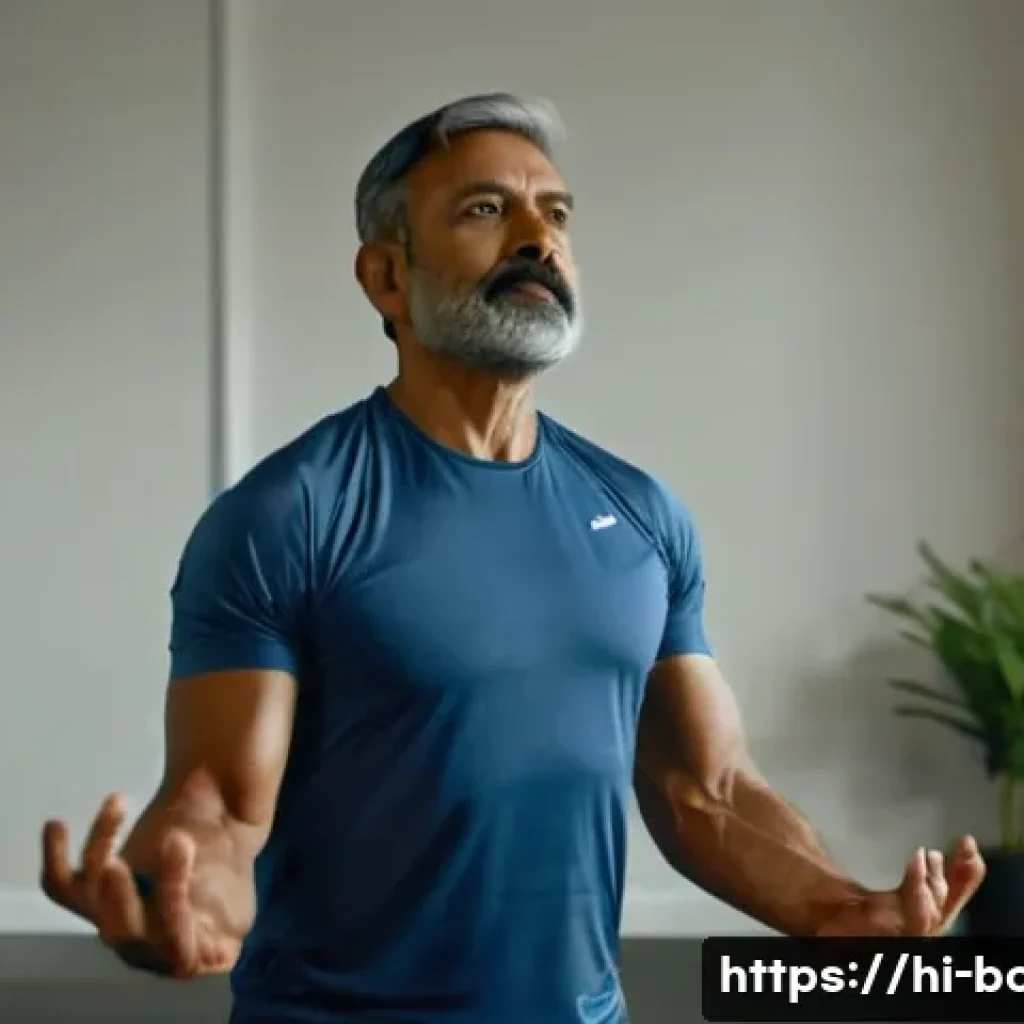 어깨 관절염 예방 스트레칭 - A focused scene showing a middle-aged Indian man performing gentle shoulder warm-up exercises indoor...