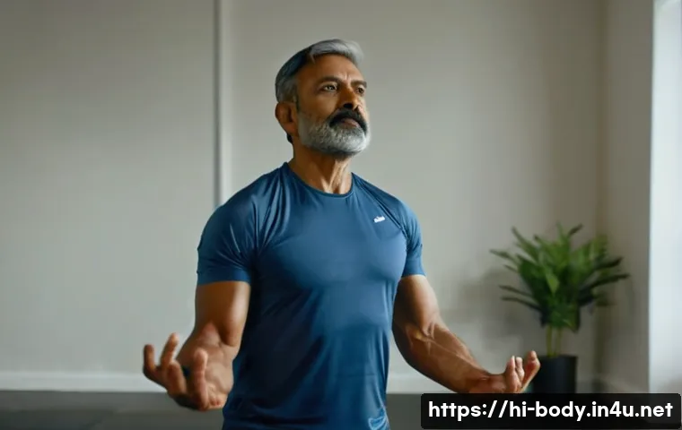 어깨 관절염 예방 스트레칭 - A focused scene showing a middle-aged Indian man performing gentle shoulder warm-up exercises indoor...