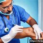 Home 21 무릎 관절 연골 주사 가격 - A detailed medical illustration of a middle-aged Indian man receiving a hyaluronic acid injection in...