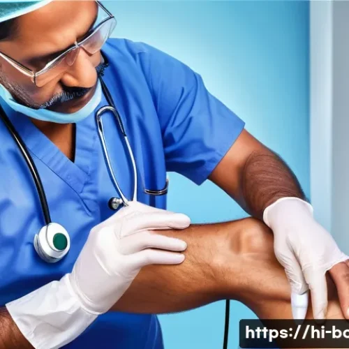 Home 33 무릎 관절 연골 주사 가격 - A detailed medical illustration of a middle-aged Indian man receiving a hyaluronic acid injection in...