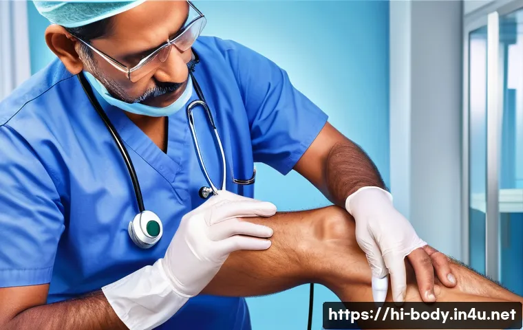 무릎 관절 연골 주사 가격 - A detailed medical illustration of a middle-aged Indian man receiving a hyaluronic acid injection in...