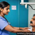Home 20 어깨 관절 진료비용 비교 - A detailed medical scene depicting a middle-aged Indian patient in a modern clinic in India undergoi...