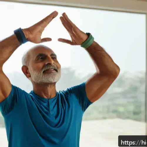Home 31 어깨 재활운동 프로그램 - A middle-aged Indian man wearing light, comfortable workout clothes and a wristband, performing a ge...