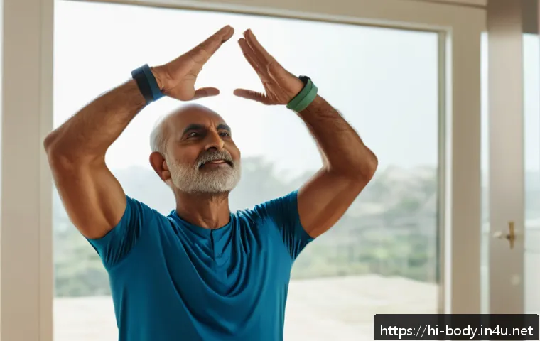 어깨 재활운동 프로그램 - A middle-aged Indian man wearing light, comfortable workout clothes and a wristband, performing a ge...