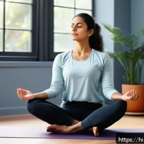 Home 30 목 디스크 자가 운동법 - A calm Indian woman in her 30s wearing comfortable, modest workout clothes, sitting cross-legged on ...
