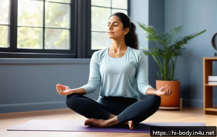 목 디스크 자가 운동법 - A calm Indian woman in her 30s wearing comfortable, modest workout clothes, sitting cross-legged on ...